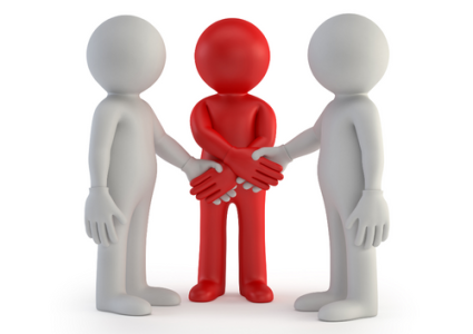 Two white and one red character shaking hands